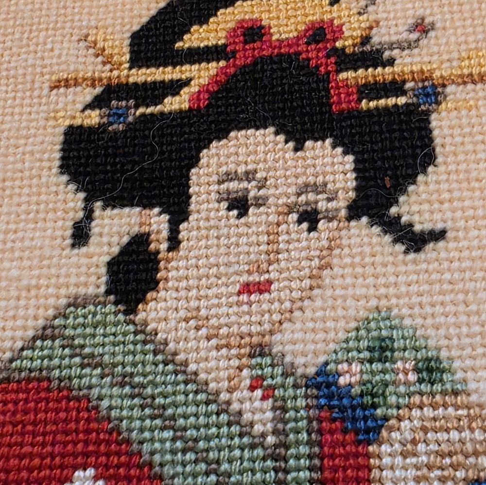 Embroidered Geisha Wall Art Panel in Red and Blue